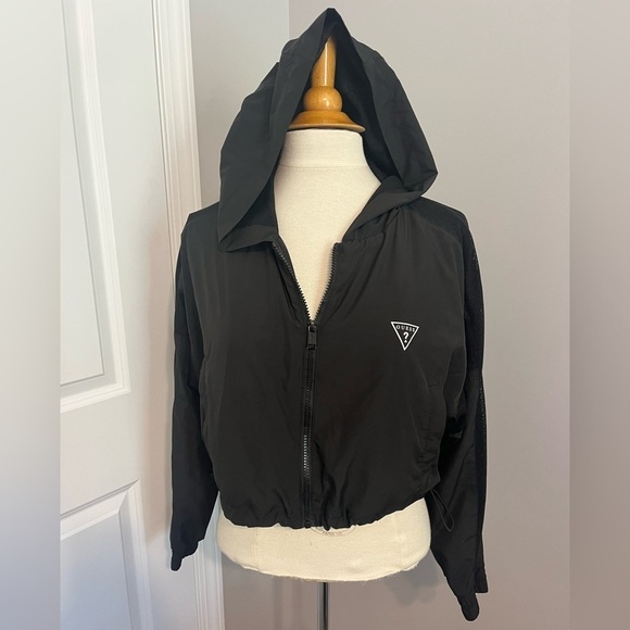 Guess Black Hooded Crop Lightweight Jacket Sz S - Picture 2 of 7